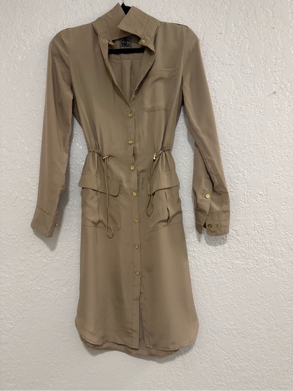 Drawstring Button-Front Long Sleeve Shirt Dress in Tan